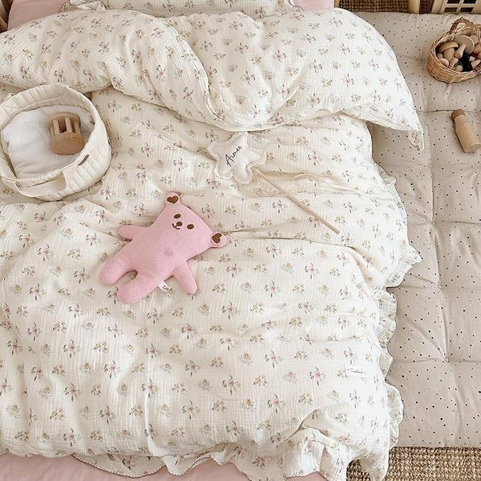 BuLuTu Muslin Cotton Toddler Duvet Cover Soft Double Layers Gauze Bedding Duvet Covers for Toddler Girls Kids Quilt Cover, 47"x59", Azalea Print (No Pillow Cases)