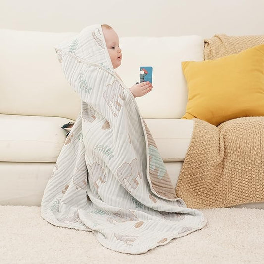 Ultra-Soft Muslin Baby Hooded Towel - 32 x 32 Inches, Ideal for Bath & Beach, Suitable for Both Boys & Girls from Newborns to Toddlers