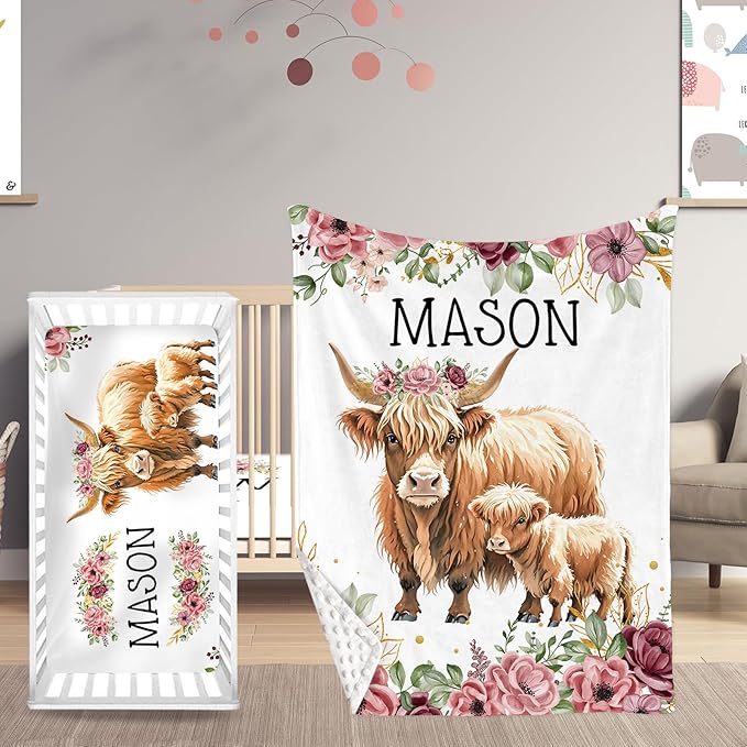 Personalized Crib Bedding Set, Toddler Highland Cow Theme Set with Name, 2 Pcs Baby Crib Set for Infant Baby, Comfort Double Layer Blanket and Crib Sheet, Newborns Gifts for Boys