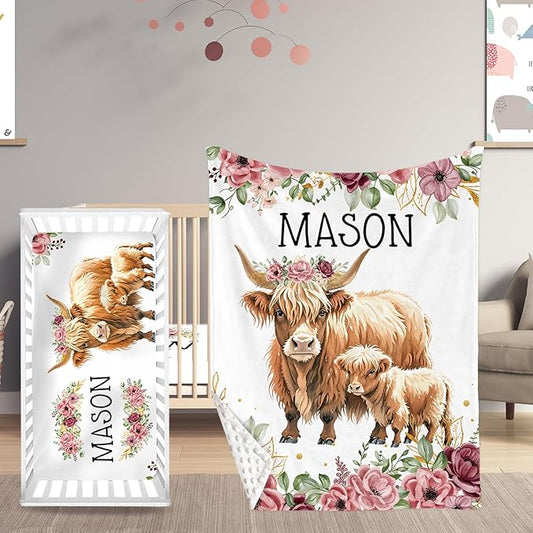 Personalized Crib Bedding Set, Toddler Highland Cow Theme Set with Name, 2 Pcs Baby Crib Set for Infant Baby, Comfort Double Layer Blanket and Crib Sheet, Newborns Gifts for Boys