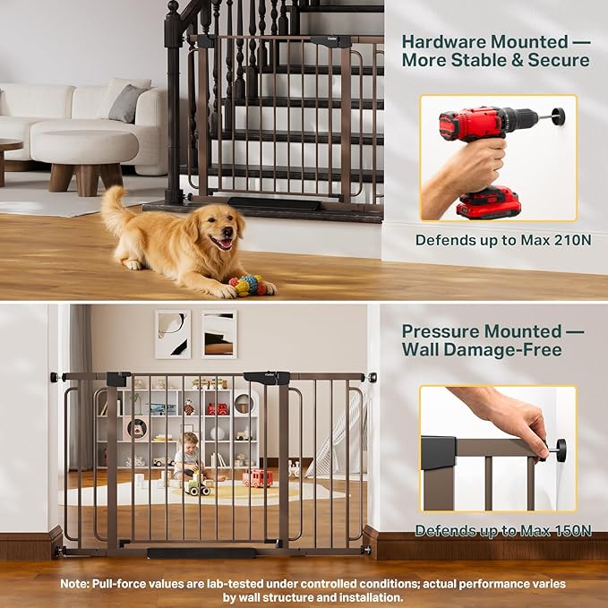 Cumbor 36.6-64" Extra Wide Baby Gate for Stairs, Dog Gates for Doorways, Auto-Close Pet Gate Indoor, Pressure Mounted Walk Through Safety Child Gate for Kids Toddler, Tall Pet Puppy Fence Gate, Brown