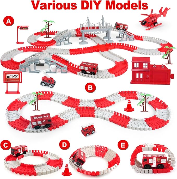 BEMITON Race Track Playset for Kids - Flexible DIY Car Track Toy, Educational Birthday Gift for Boys Ages 3 4 5 6 7, 330+ PCS Building Kit with Fire Trucks