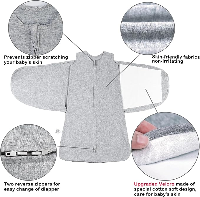Baby Sleep sack Swaddle,Swaddles 3-6 Months,3-Way Adjustable Wearable Transition Blanket 100% Organic Cotton 2-Piece,12-18 lbs,1.0 TOG(Blue&Grey)