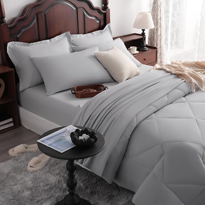 NTBAY King Comforter Set with Sheets, 7 Pieces Soft and Breathable King Bedding Set, Bed in a Bag, Down Alternative Comforter Set Solid Color All Season, King Bedding Set, Light Grey
