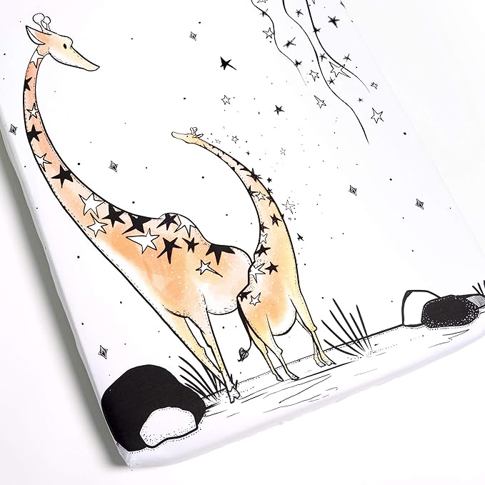 JumpOff Jo – Fitted Mini Crib Sheet (24 x 38 x 5 Inches) - Fits Portable Crib, Playard, and Playpen Mattresses and Mats - Soft 100% Cotton – Giraffe & A Calf
