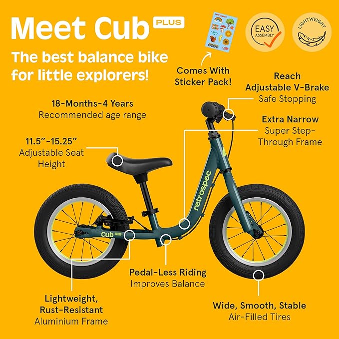Retrospec Cub Plus Toddler Balance Bike for Boys & Girls Ages 18 Months - 4 Years No Pedals with Lightweight Frame and Adjustable V-Brake, Seat and Handlebar for Kids