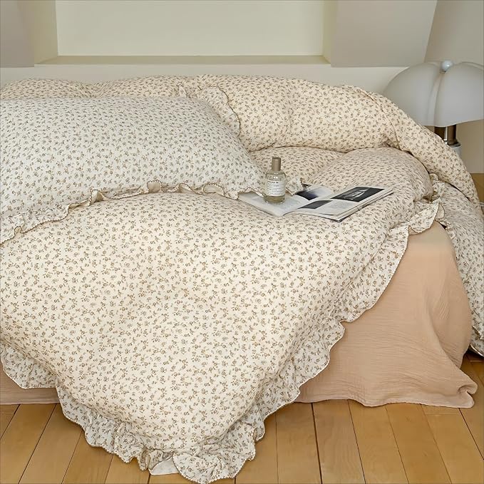 BuLuTu Muslin Kids Duvet Cover for Full Size Bed, Vintage Farmhouse Duvet Covers with Ruffles, Soft Cotton Comforter Cover, Camellia, Zipper Closure & Corner Ties, No Comforter