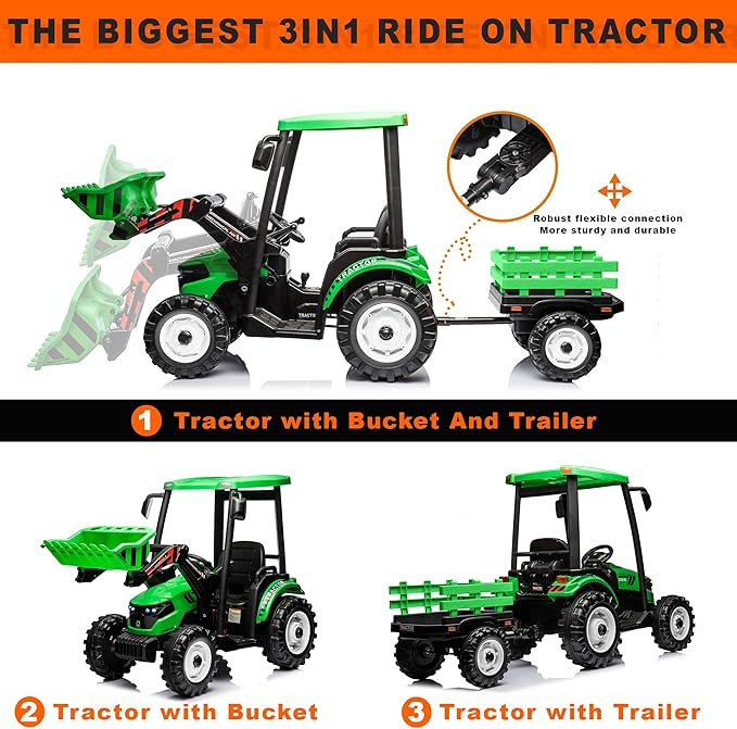 Kidsera 24V Kids Ride on Tractor with Trailer & Front Loader, 3 In1 Tractor 4-Gearbox 24volt Dual Motors Metal Frame, 24V Ride on Toys for Big Kids, Power Wheels Kids Electric Vehicles (Green)