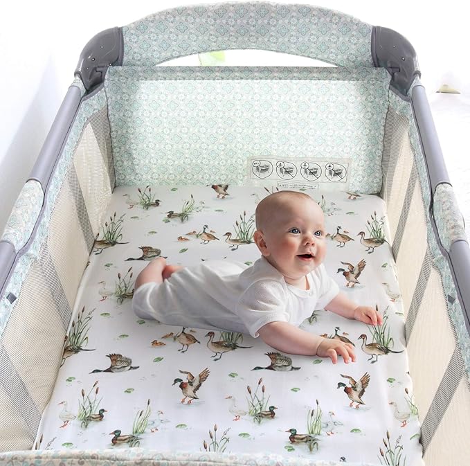 LifeTree Pack and Play Sheets Fitted for Baby, 38" x 26" x 2" Muslin Playard Mattress Pad Cover,70% Viscose from Bamboo and 30% Cotton, Mallard Duck Pattern