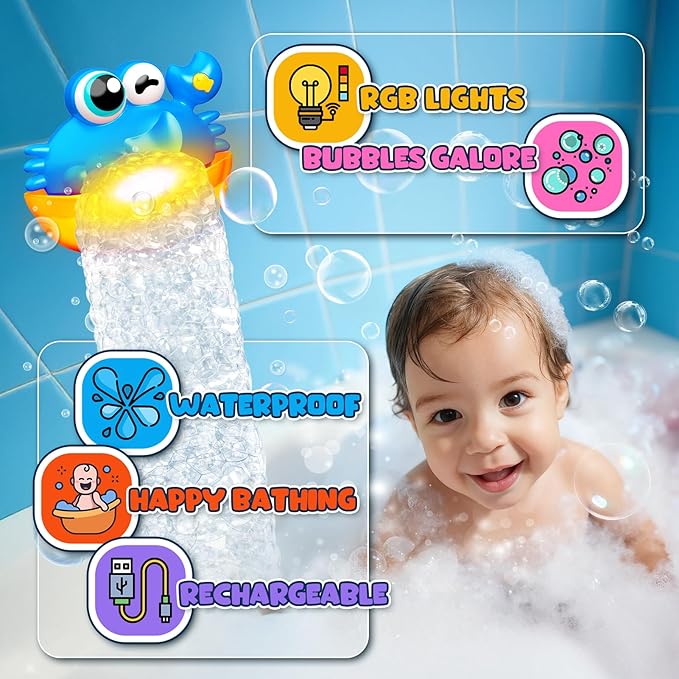 Bath Toys for Kids Ages 1-3,Light Up Baby Bath Toys Crab Bubble Maker with Colourful Light Toddler Bathtub Birthday Gifts Christmas Stocking Stuffers for Boys Girls Aged 1-3 2-4 3-5