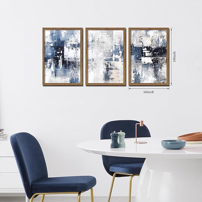 Blue Abstract Wall Art Set of 3, White and Blue Abstract Canvas Wall Decor Paintings, Modern Neutral Minimalist Posters Prints Pictures for Living Room Bedroom Office Home Decor 16x24 Inch Wood Framed