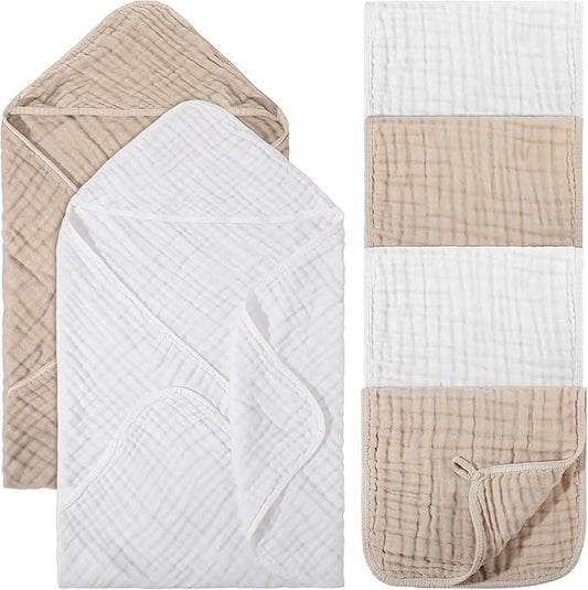 VitalCozy 6 Pcs Baby Muslin Hooded Bath Towels and Washcloths Muslin Cotton Hooded Baby Towels Absorbent Blankets for Gift Newborn Infant Shower (32 x 32 Inch,White,Beige)