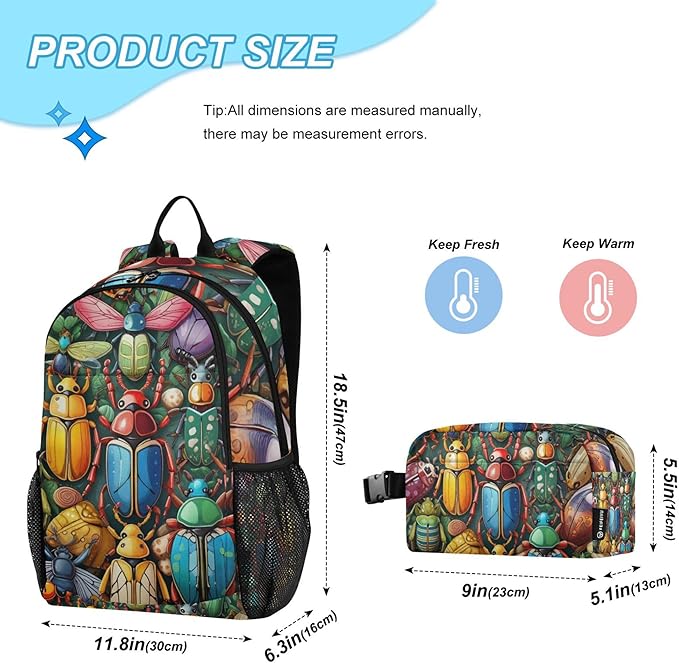 Jucciaco Insect Bugs Beetles Colorful Backpack with Lunch Bag for Boys Girls, Travel School Backpack Set