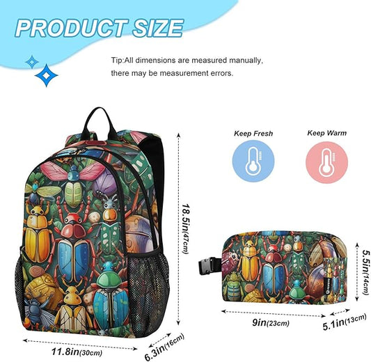 Jucciaco Insect Bugs Beetles Colorful Backpack with Lunch Bag for Boys Girls, Travel School Backpack Set