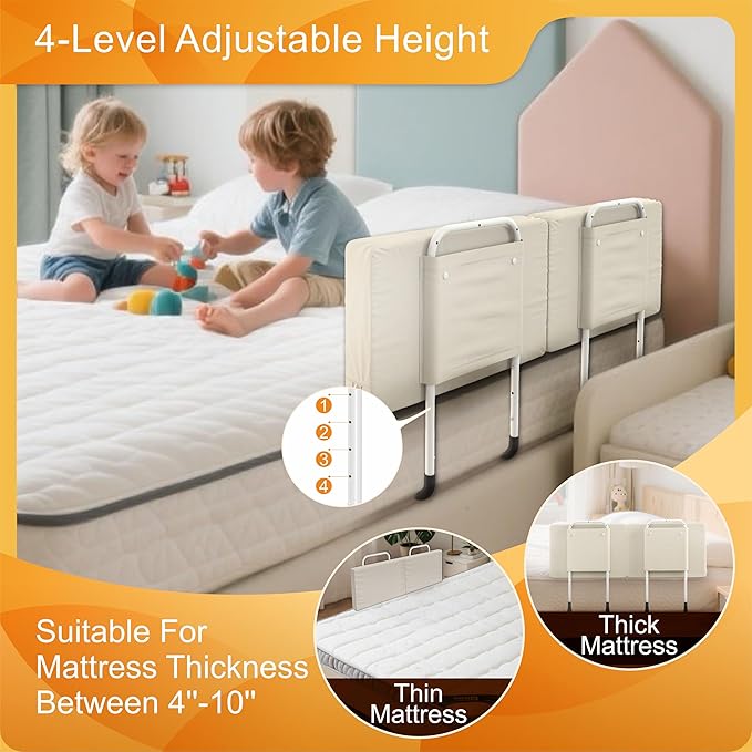 Bed Rail for Toddlers, Adjustable Baby Bed Rail Guard for Twin and Full Size Beds, Bed Safety Rails for Children with Non-Slip Base, Removable Washable Cover, Easy Installation (4 Pack)