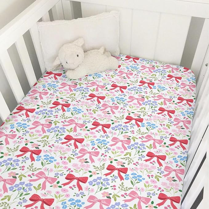 Preppy Pastel Floral Bows Baby Crib Sheets Pink Girly Floral Bows Soft Snug Fitted Crib Mattress Covers for 52''x28'' Standard Crib & Toddler Mattress Boho Spring Flowers Leaves Baby Bed Sheets
