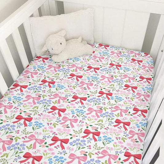Preppy Pastel Floral Bows Baby Crib Sheets Pink Girly Floral Bows Soft Snug Fitted Crib Mattress Covers for 52''x28'' Standard Crib & Toddler Mattress Boho Spring Flowers Leaves Baby Bed Sheets
