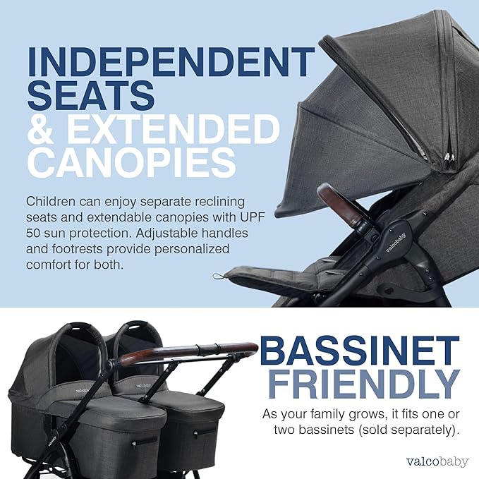 Valco Baby - Trend Duo Double - Side by Side Double Stroller for Newborn and Toddler - Easy Compact Fold, Multi-Position Recline, Large Canopy Infant Twin Stroller 2025 (Charcoal)