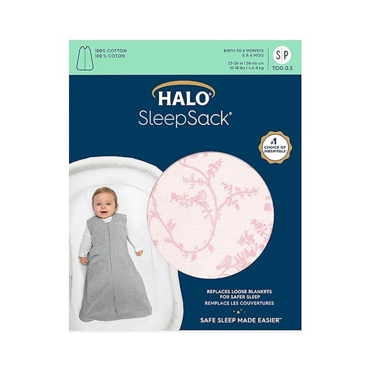 HALO SleepSack, 100% Cotton Wearable Blanket, Swaddle Transition Sleeping Bag, TOG 0.5, Pink Toile, Small, 0-6 Months