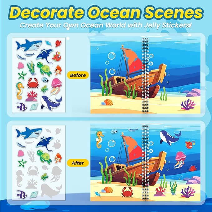 Ocean Reusable Sticker Book for Toddlers, DIY Make-a-face Animals Fun Jelly Stickers, Washable Puffy Stickers for Kids Toys, Airplane Road Trip Travel Activities Essentials for Kids 3 4 5 Years