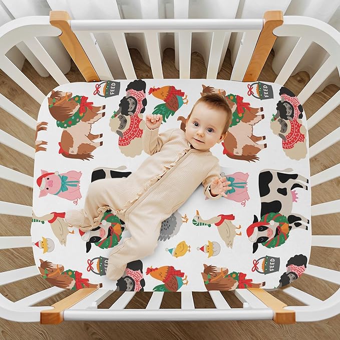 Christmas Farm Animals Crib Sheets Soft Breathable Fitted Baby Crib Sheets Mattress Cover for Girl Boys, 52" x 28" x 9"