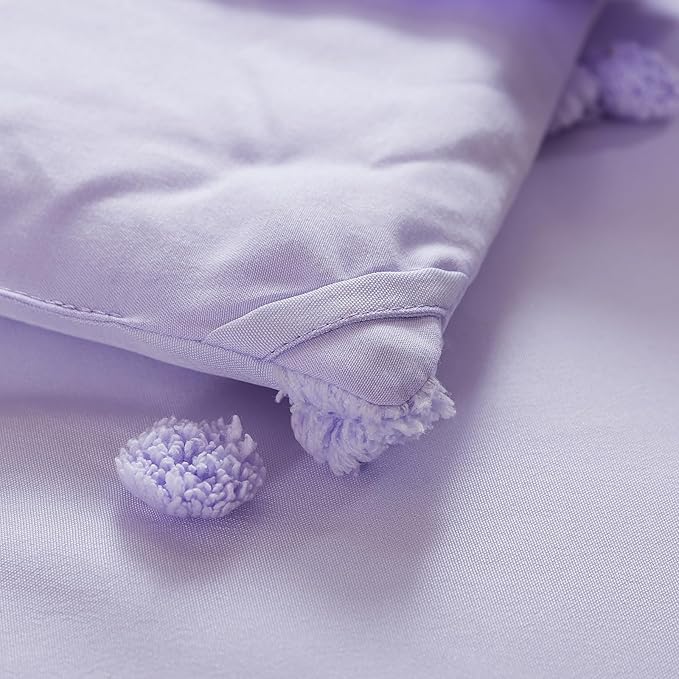 Caressma 5 Pieces Tufted Comforter Set Bed-in-a-Bag for Kids with Lovely Purple Pompom On The Comforter.Includes Comforter,Fitted Sheet,Flat Sheet,Pillow Case & Pillow Shame for All Seasons