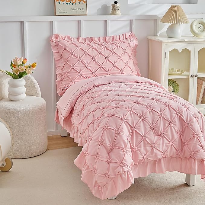 DuShow Princess Toddler Bedding Set for Girls,4 Pieces Ruffles Toddler Bed Set,Ultra Soft Kids Pink Sheet Set Includes Comforter,Flat Sheet,Fitted Sheet and Pillowcase