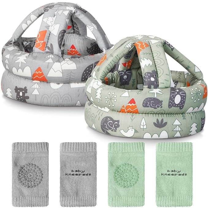 Geyoga 2 Pack Baby Safety Helmet for Crawling Walking Running, Adjustable Soft Cushion Head Protector with Knee Pads, Toddler Protective Cap 6–12 Months 1–2 Years (Forest)