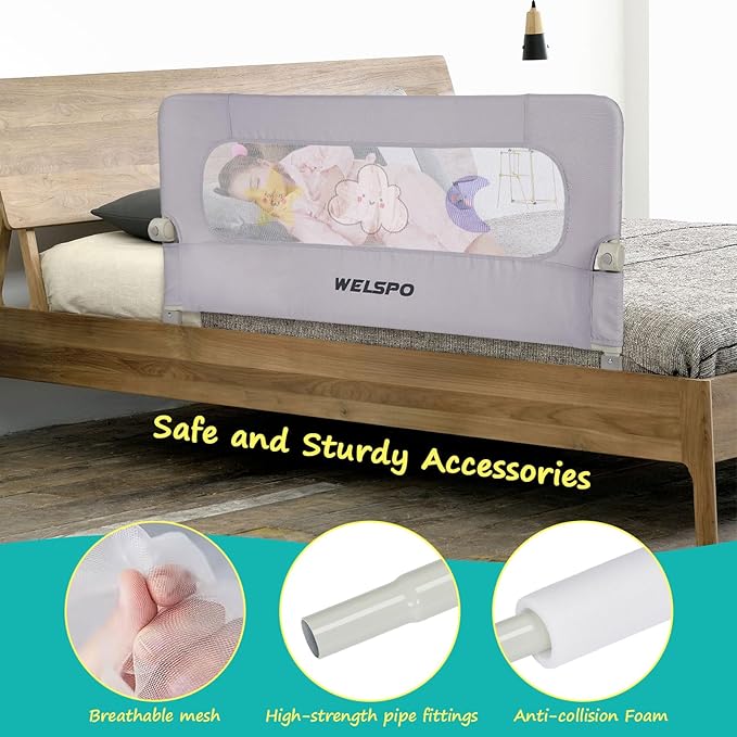 welspo Folding Toddler Bed Rails, Baby Bed Rail Guard, Height Adjustable and Foldable Bed Rail for Toddlers, Kids, fit Twin, Queen, King, Full, Bunk Beds (Grey, 47inch)