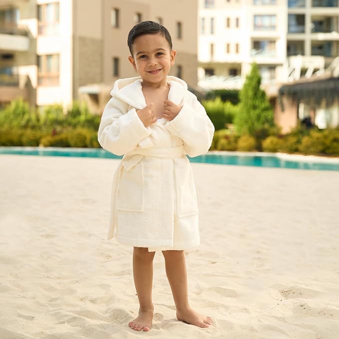 BAGNO MILANO Kids Organic Turkish Cotton Hooded Beach Cover-Up Towel, GOTS Certified, for Boys and Girls (Cream, 9-11 Years)