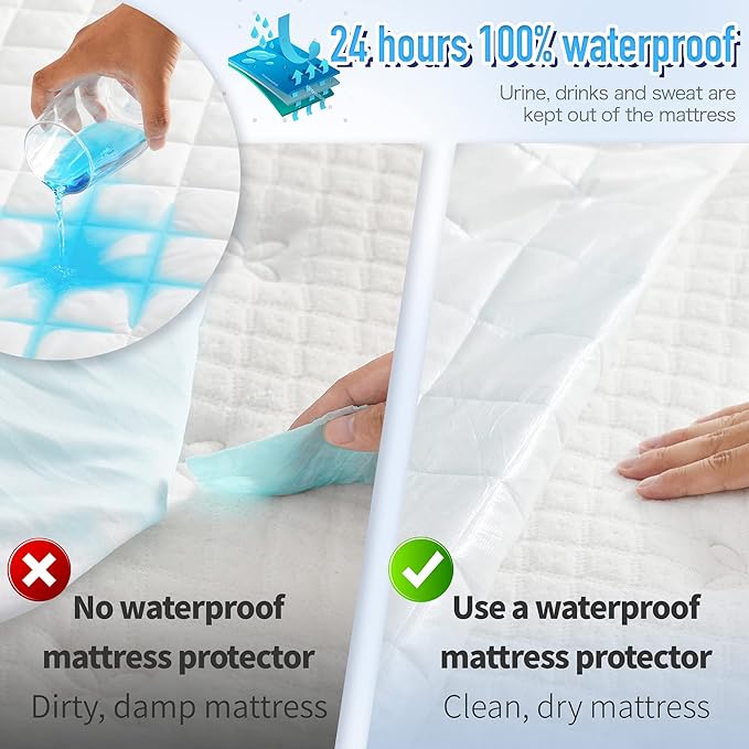 HYLEORY Twin XL Size Waterproof Mattress Pad Protector, Breathable Quilted Mattress Cover Noiseless Waterproof Fitted Sheet Mattress Topper Upto 21" Deep Pocket, White