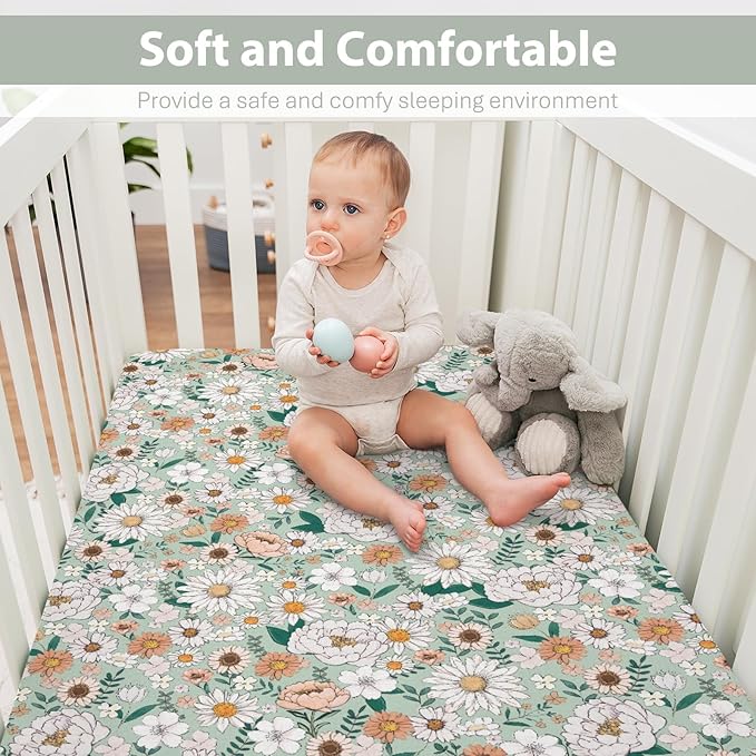 Spring Boho Floral Baby Crib Sheets for Boy Girl 28"x52" Neutral Green Flowers Leaves Soft Stretchy Fitted Crib Mattress Cover Pastel Peony Daisy Nursery Baby Sheet for Crib & Toddler Bed Mattresses