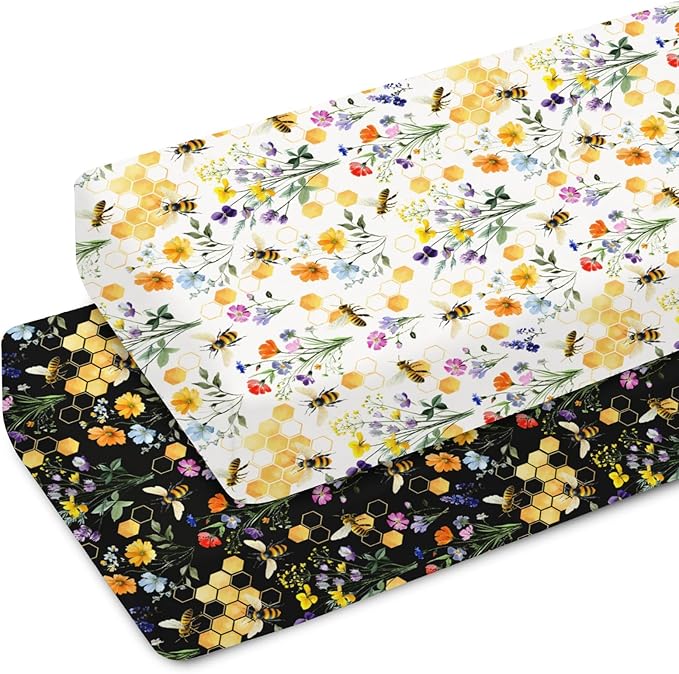 Boho Wildflower Bees Honeycomb Baby Crib Sheets for Boy Girl 52x28Inch Watercolor Honeybee Floral Soft Snug Fitted Crib Mattress Cover Summer Baby Sheet for Standard Crib & Toddler Mattress 2 Pack