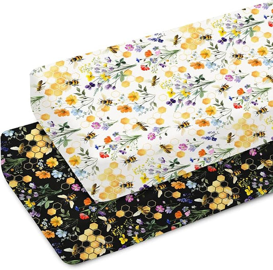 Boho Wildflower Bees Honeycomb Baby Crib Sheets for Boy Girl 52x28Inch Watercolor Honeybee Floral Soft Snug Fitted Crib Mattress Cover Summer Baby Sheet for Standard Crib & Toddler Mattress 2 Pack