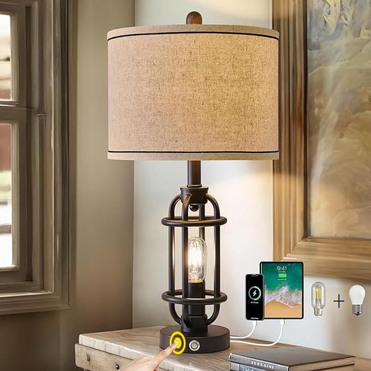 G-SAFAVA 23.75'' Industrial Black Metal Table Lamps Living Room Lamp for Nightstand Bedroom lamp Single Bedside End Side Table Lamps Home Decor Touch Lamp Modern Lamps with USB Ports, Bulbs Included