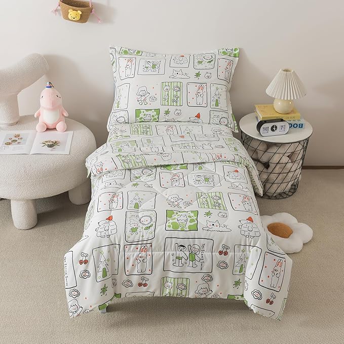 Caressma White Toddler Bedding Set - 4 Piece Bed Set Includes Comforter, Fitted Sheet, Flat Sheet & Pillow Case - Cute Cartoon Pattern for Boys and Girls