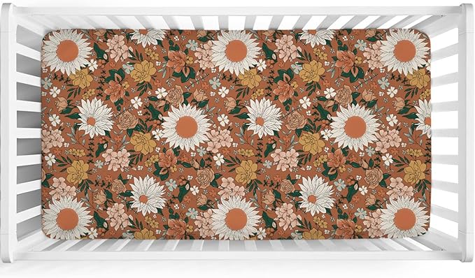 Retro Spring Wildflowers Baby Crib Sheets 52''x28'' Watercolor Floral Leaf Summer Boho Stretchy Fitted Crib Mattress Sheet for Boy Girl Botanical Soft Nursery Sheet for Standard Crib Toddler Mattress