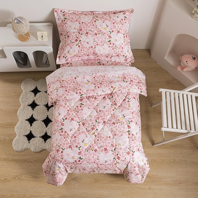 Caressma Twin Size 5 Pieces Pink Comforter Set, Lovely Rabbit Pattern Kids Bedding Set in a Bag with Floral Comforter, Fitted Sheet, Flat Sheet, Pillow Case & Pillow Sham