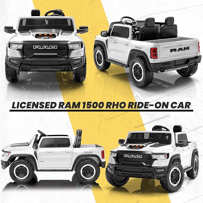 Licensed RAM 1500 RHO 24V Ride on Toys for Boys & Girls, 2 Seater Kids Electric Car, Kids Ride on Car w/Remote Control, LED Lights, Bluetooth Music, Truck Bed Storage(White)