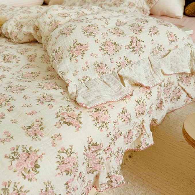 BuLuTu Vintage Floral Queen Duvet Cover Cotton Muslin Comforter Cover with Ruffles, Soft Lightweight Gauze Bedding Quilt Cover 90"x90", No Pillow Case, Zipper & Corner Ties, Machine Wash