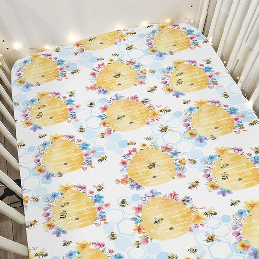 Bee Harmony Baby Crib Sheets for Boy Girl 52"x28" Yellow Bees Honeycomb Flowers Garden Soft Stretchy Fitted Crib Mattress Cover Spring Summer Baby Sheet for Standard Crib & Toddler Bed Mattress