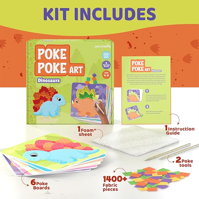 jackinthebox Poke Poke Art – Dinosaurs Theme, Mess-Free Fabric Art and Craft, Flower Pressing Kits, Gift for Kids, Toys for Girls and Boys Ages 4 5 6 7 8