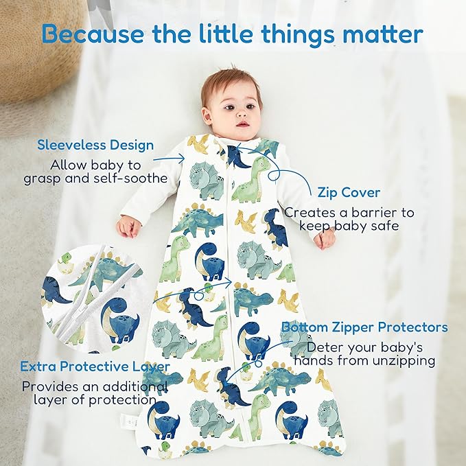 TotAha Cute Dinos Sleep Sack 6-12 months 3 Pack, Buttery Soft Swaddle Transition Wearable Blanket Baby Sleeping Bag, 0.5 TOG
