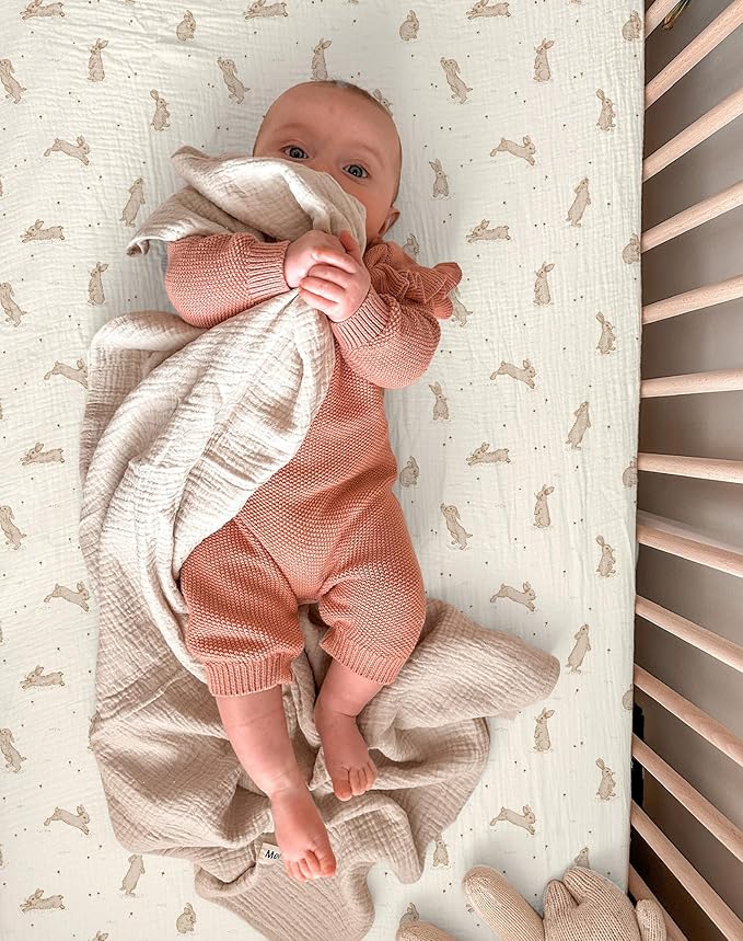 Crib Sheets for Baby Boy Girl 2 Pack, Fitted Crib Mattress Sheet 28" x 52", Muslin Toddler Bedding with Neutral Style, Nursery Bedding Essentials (Hopping Bunnies & Beige)