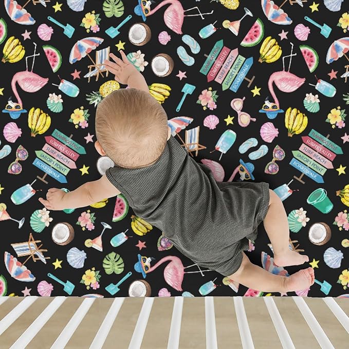 Surf Beach Summer Baby Crib Sheets for Boy Girl 28"x52" Flamingo Tropical Leaves Floral Fruits Soft Stretchy Fitted Crib Mattress Cover Beach Party Vacation Baby Sheet for Crib & Toddler Bed Mattress