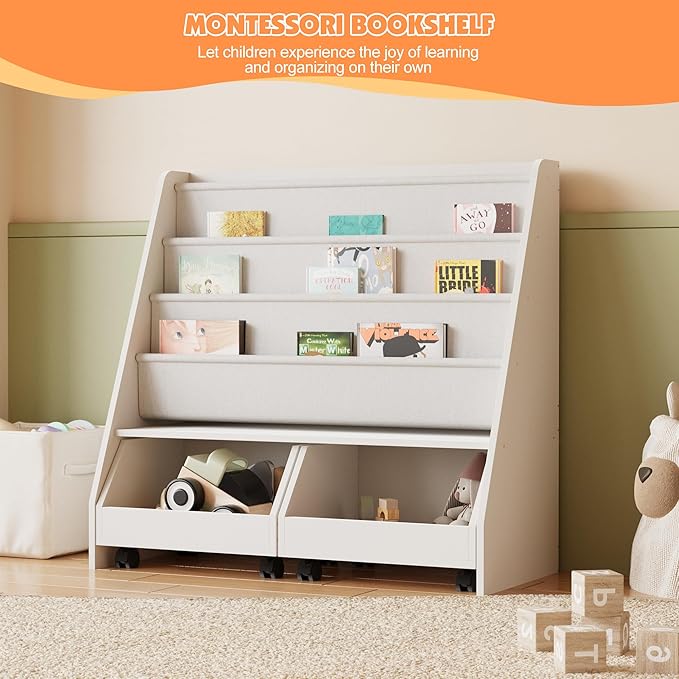 HedoAjim Kids Bookshelf with Two Movable Drawers Toddler Bookcase with Toy Storage Organizer Child Sling Book Rack Baby Cabinet Chest with Wheels for Nursery,Playroom,Bedroom,Living Room,Classroom