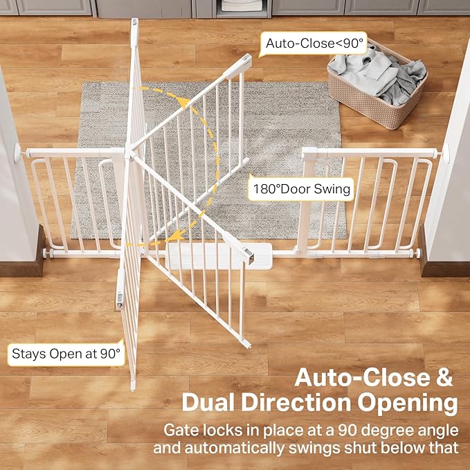 Cumbor 36.6-64" Extra Wide Baby Gate for Stairs, Dog Gates for Doorways, Auto-Close Pet Gate Indoor, Pressure Mounted Walk Through Safety Child Gate for Kids Toddler, Tall Pet Puppy Fence Gate, White