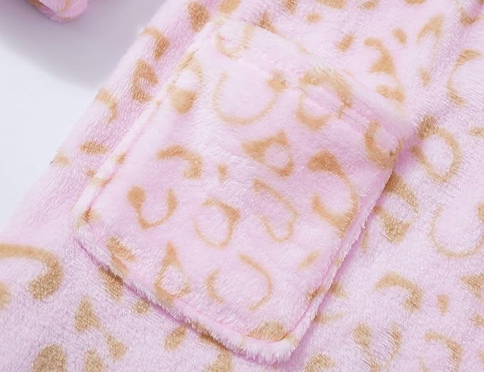 Topgal Leopard Cat Robe for Girls Fleece Toddler Kids Teen Hooded Bathrobe Size 4T-18
