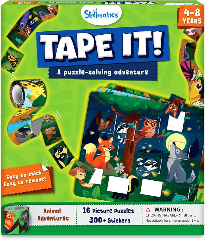 Skillmatics Puzzle Activity - Tape It Animal Sticker Puzzles, 300+ Easy-Tear Stickers, Reusable Art & Craft Kit, Educational Fine Motor Skills & Travel Toy, Gift for Kids Ages 4, 5, 6, 7, 8