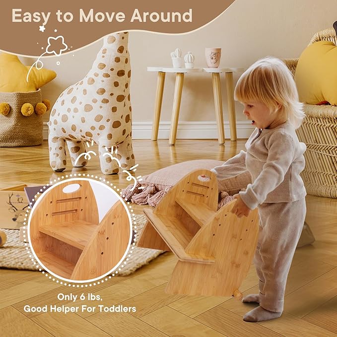 TIKSPCAE Wooden 2 Step Stool for Kids,Toddler Adjustable Triple Height Step Stool,Bamboo Bird-Shaped Design,300lbs Capacity,Ideal for Bathroom,Kitchen,Bedroom